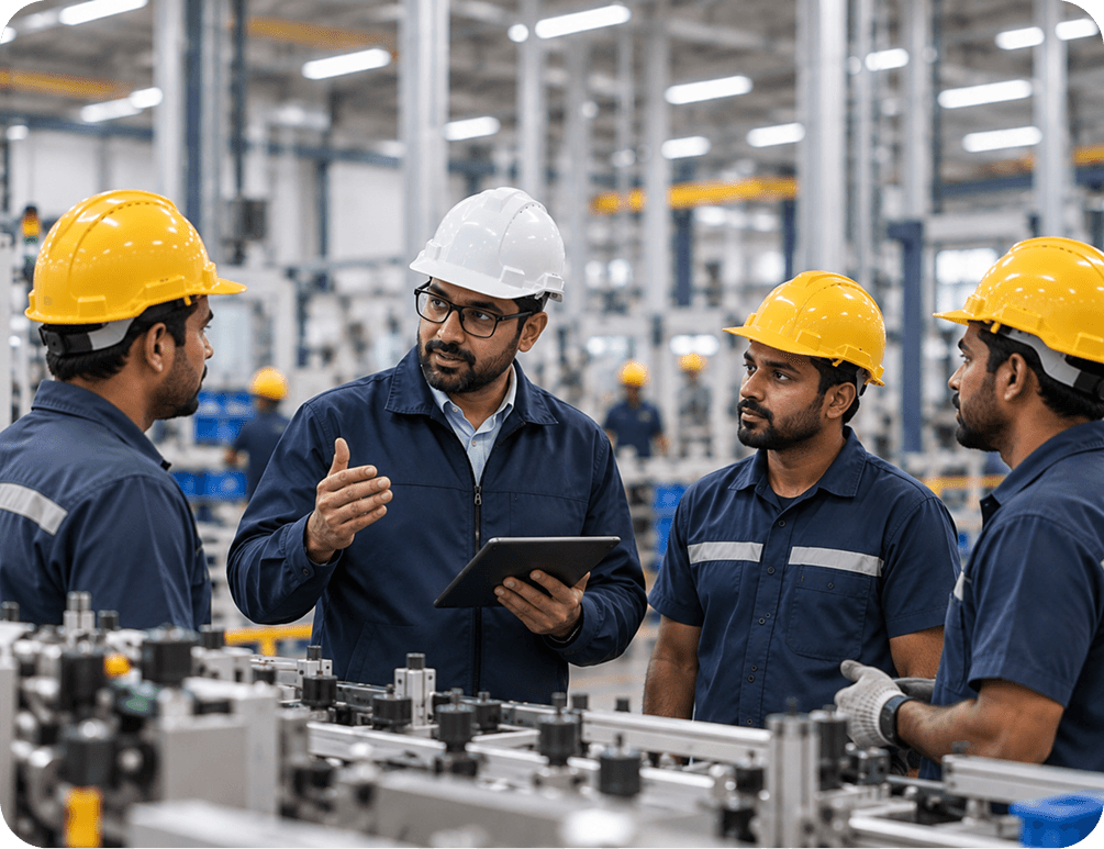Opsjini engineer walking a factory team through production data on a tablet