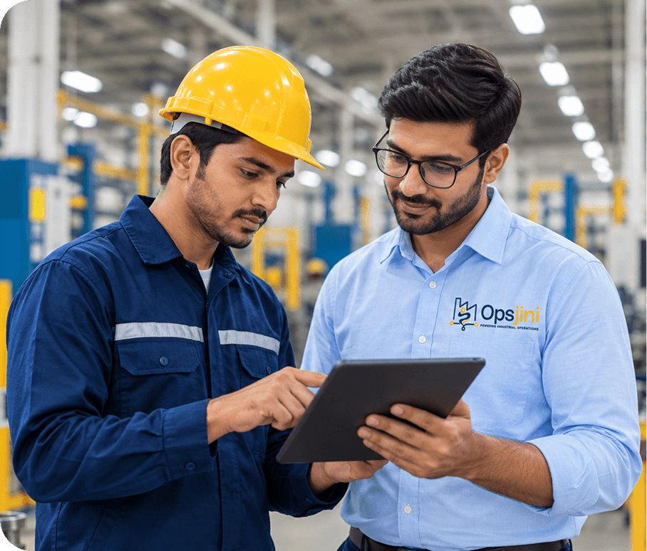 Opsjini engineer and a factory worker reviewing production on a tablet